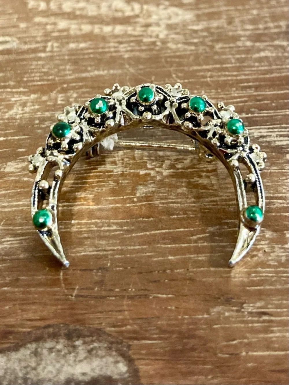 Gold Tone and Green Enamel Crescent Brooch
